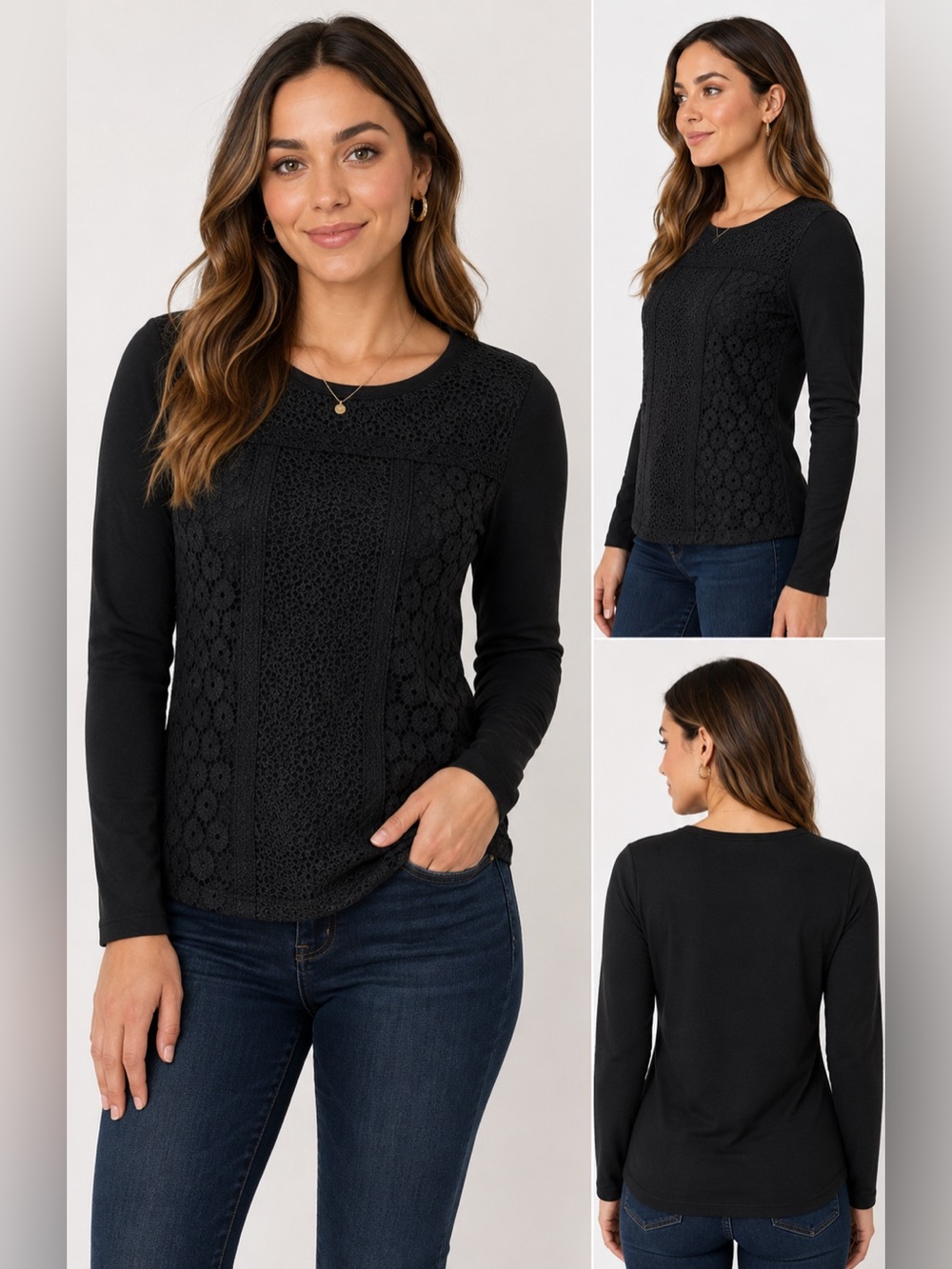 LUCKY BRAND Black Long Sleeve Lace Panel Top, Small